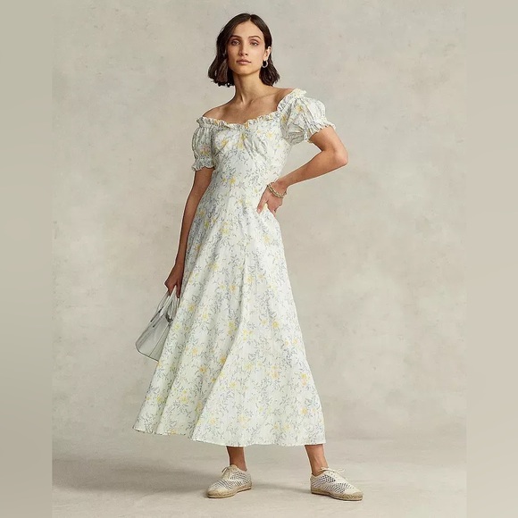 Polo Ralph Lauren Off The Shoulder Puff Sleeve Midi-Dress size 8 - Picture 1 of 6